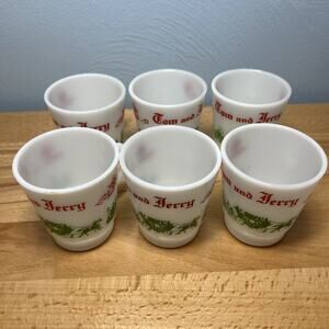 Hazel Atlas Tom And Jerry Milk Glass Mugs Red White & Green Vintage - Set Of 6